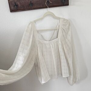 Boho Square-Neck White Textured Gingham Peasant Blouse